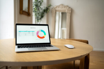 Laptop workplace in the office, graphics report in the company