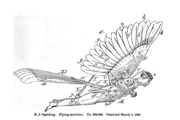 Foto auf Acrylglas Illustration of a 19th-century vintage flying device with bird's wings. © Steve Estvanik/Wirestock Creators