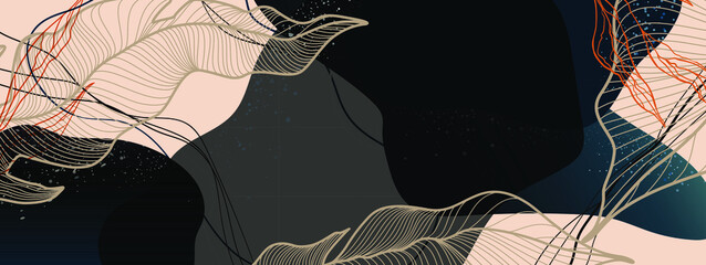 Abstract brown, black and beige background with twigs, tropical leaves, lines and aesthetic shapes. Vector illustration for text, banners, wallpapers, background, sales, discounts, promotions, etc.