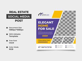 creative real estate agency social media post template design with four image placement, awesome color used in the shapes. eye-catchy, editable, professional design. vector square banner, eps 10