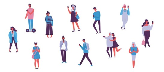 Fototapeta na wymiar People with smartphones flat vector illustrations set. Different emotions, reaction to information concept. Men and women with mobile phones cartoon characters isolated