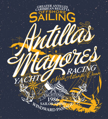 Caribbean offshore yacht racing sailing regatta vector print for boy t shirt  - obrazy, fototapety, plakaty