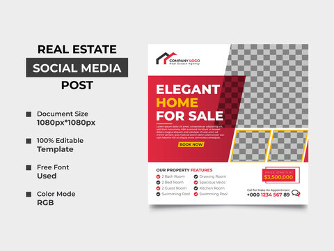 real estate agency social media post template design with four image placement, red gradient color used in the shapes. eye-catchy, editable, professional design. vector square banner, eps 10 version