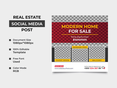 real estate agency social media post template design with four image placement, red gradient color used in the shapes. eye-catchy, fully editable, professional design. vector square banner, eps 10