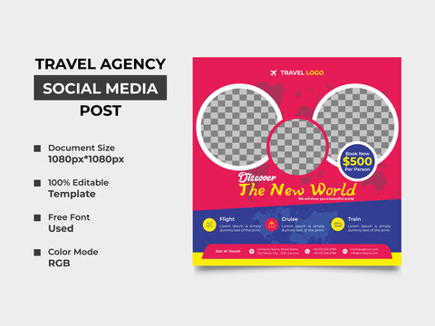tourism agency social media post template design with three image placement, professional eye-catchy color used in the template. organized, fully editable, square design. vector eps 10, web banner.