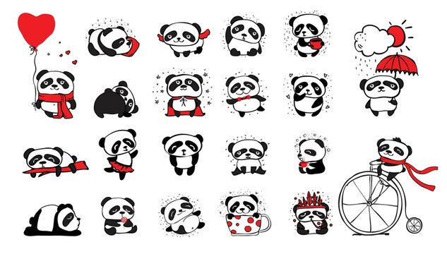Panda doodle kid set. Simple design of cute pandas and other individual elements perfect for kid's card, banners, stickers and other kid's things.