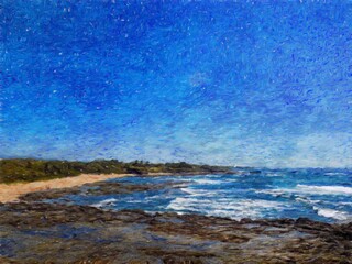 Watercolor and pastel drawing nature landscape, tropical travel and touristic place, Seychelles island vacation, trend print for poster, textile or canvas. Modern fine arts design wallpaper. Wall art