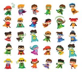 Vector illustrations of female and male kids superheroes in funny comics costume