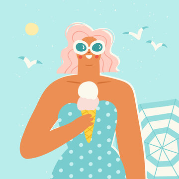 Young woman at the beach eating ice cream with seagulls flying above. Vector illustration of a girl wearing vintage sunglasses spending her summer vacation by the sea. Banner or card design.