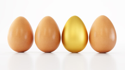 One gold egg in a pack isolated on white background, One golden egg among white eggs, 3D render