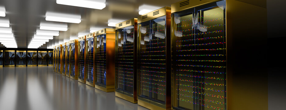 Servers. Servers room data center. Backup, mining, hosting, mainframe, farm and computer rack with storage information. 3d rendering