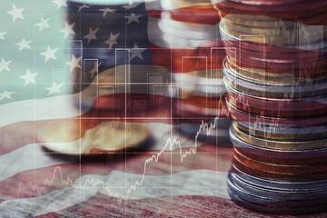 Coin with USA flag. United States and Russia sanctions concept.