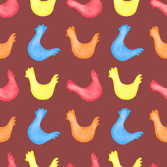 Watercolor seamless pattern of chickens. Spring Easter symbol. Rustic farm bird. Cute chicken. Hand drawn illustration on red background.