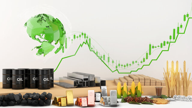 The world of commodity trading such as coal tar, gold, cotton, corn, sugar, soybeans, and iron on white background ,3d rendering