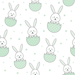 Colourful Easter background with cute bunnies and eggs. Seamless pattern. Vector