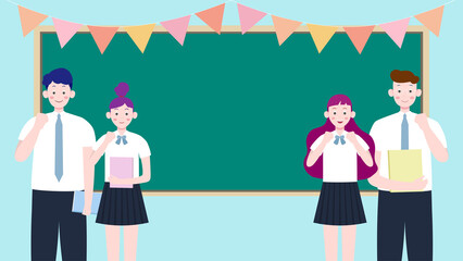 Group of students stand in front of the blackboard holding books and cheering up in front of the classroom. Educational illustration background.