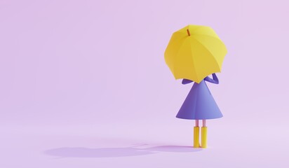 Girl holding yellow umbrella on pink background. Back view. 3d render