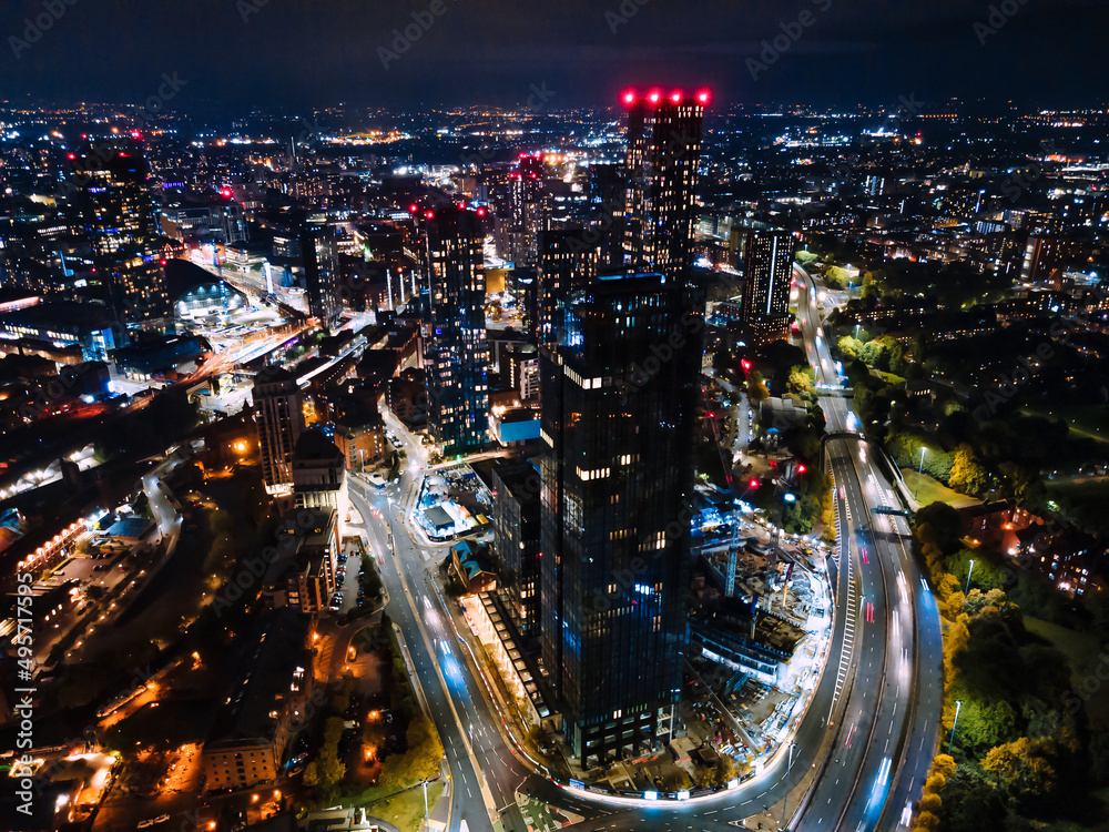 Sticker aerial shot of the cityscape of liverpool, england, illuminated in the night