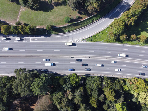 Top view of the highway surrounded by trees. Portugal