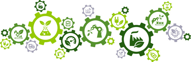 Sustainable production vector illustration. Green concept with icons related to eco-friendly manufacturing, clean / environmentally friendly factory or assembly, zero emission / pollution.