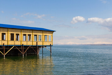 Restaurant building on the water near Lake Sevan. Armenia