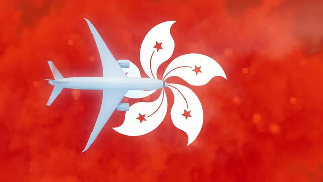 Hong Kong Airspace - Airplane With Flag of Hong Kong At Background With abstract digital cubes and clouds -3D Rendering