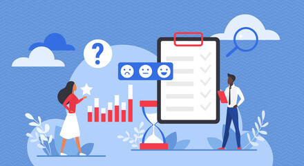 Online survey service to research answers vector illustration. Cartoon people work with check list on clipboard, emoticons and rating star. Questionnaire form, test, digital marketing concept - obrazy, fototapety, plakaty