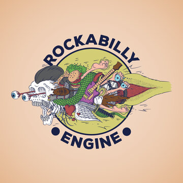Retro emblem of rockabilly rocket doodles