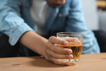 drunk asian man hold whisky glass addicted alcohol need therapy