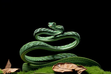 ahaetulla prasina snake ready to attack, animal closeup