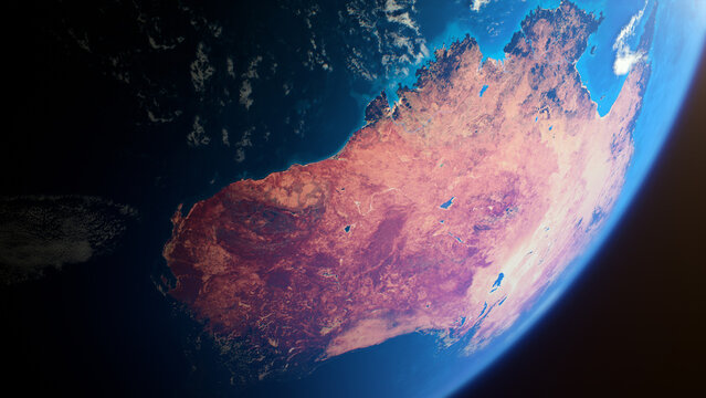 Cinematic space view of red Australia, realistic planet Earth rotation in cosmos
