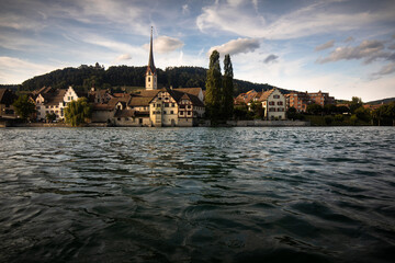 View over the Rhine River to the old town of Stein am Rhein and Hohenklingen Castle, Canton...