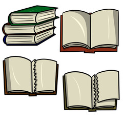 A collection of illustrations on a white background with books, torn pages without text, science and education