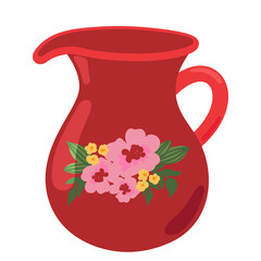 Cute red ceramic milk jug design element flat cartoon illustration. Capacity for drink. Colored tableware hand drawn vector design. Kitchen trendy crockery for hot drink isolated on white background