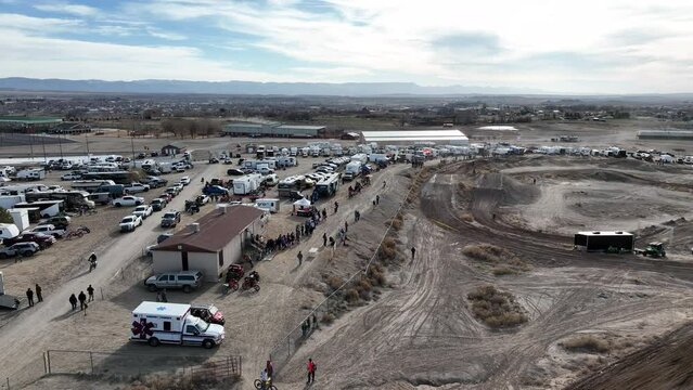Aerial desert motorcycle race track pit row campers Utah.  Extreme desert motocross motorcycle race in rural community. Championship competition and fun. Sport recreation family fun and entertainment.
