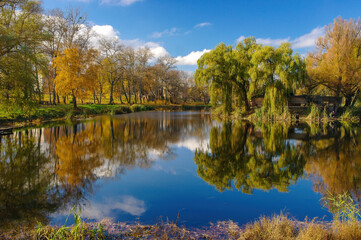 Autumn scenery of public park in Trostyanets, Sumy region, Ukraine