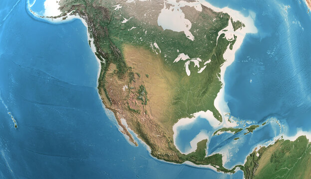 Physical map of North America, USA, Canada and Mexico, with high resolution details. Satellite view of Planet Earth. 3D illustration - Elements of this image furnished by NASA