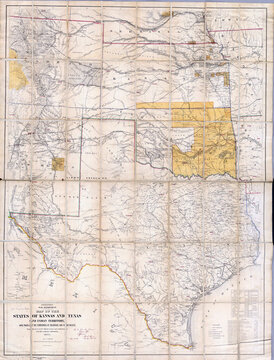 Detailed vintage map of the states of Kansas and Texas