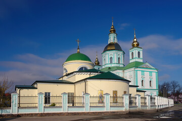 Fototapeta na wymiar Scenic view of Nativity Church and Pokrovsky Cathedral in Okhtyrka, Ukraine