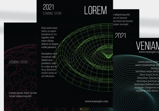 Flyer Layout with Geometric Wireframe Shapes on Black