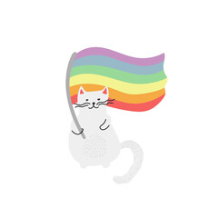 Cat with a rainbow flag. Vector isolated on white background.