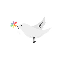 Bird with a rainbow flower hand drawn illustration. Vector design isolated on white background.