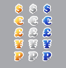 Banknotes vector icons. Finance sign. Money symbols. Bank payment symbol. Dollar, Euro, Ruble, Yen, Yuan, Pound symbol. World economics. Finance symbol. Currency symbol. Currency exchange. Finance