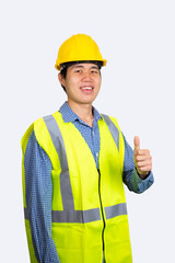 Young asian engineer smiling and thumbs up isolated on white background. (With Clipping path)