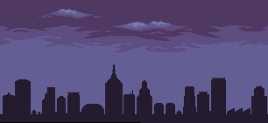 Pixel art minimalist city background with buildings and houses vector for 8bit game 
