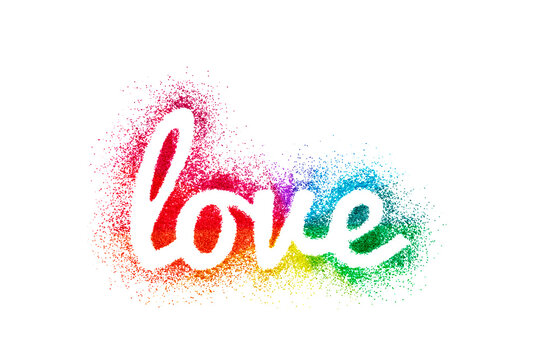 Word love on colorful glitter isolated on white background