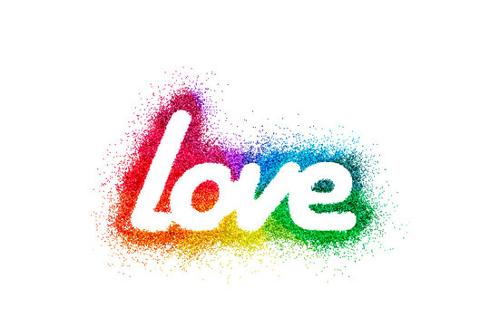 Word love on colorful glitter isolated on white background