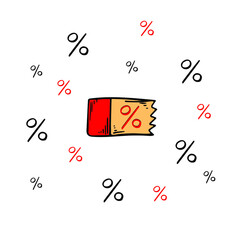Percent off ticket sketch vector icon. Sales hand drawn illustration. Black friday promotional advertising