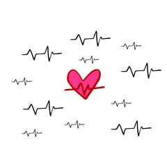 Heart beat cardio sketch medical illustration set. Love hand drawn vector illustration.	