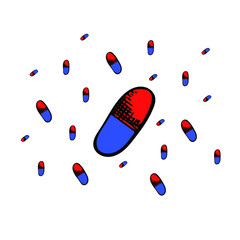 Medical capsules vector sketch set. Red and blue pill hand drawn symbol. 